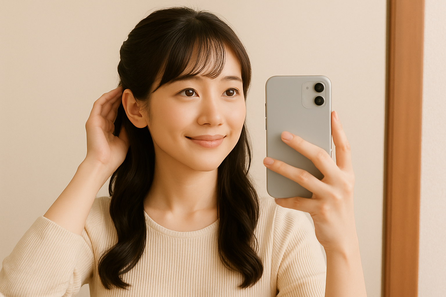 スマホで自撮りをしている女性