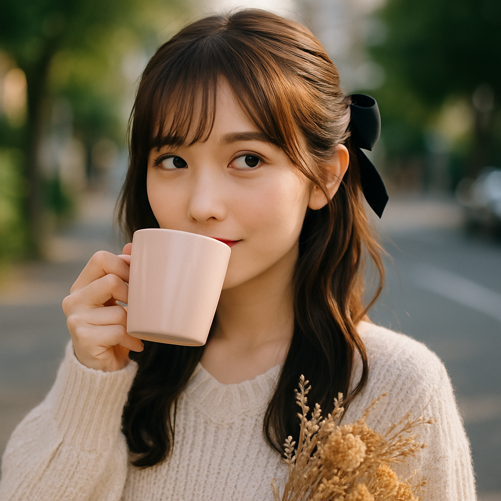 ドライフラワーとマグカップを持ち左上に目線を向ける女性