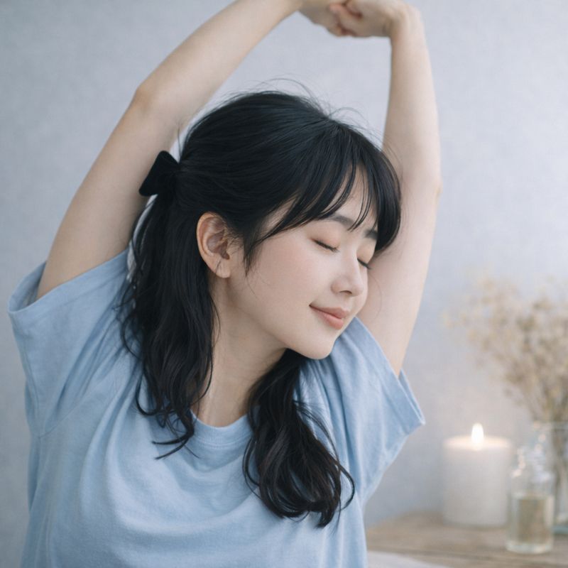 目を閉じてストレッチしてる女性