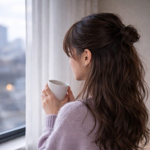 窓際でカップを持ち外を眺める女性