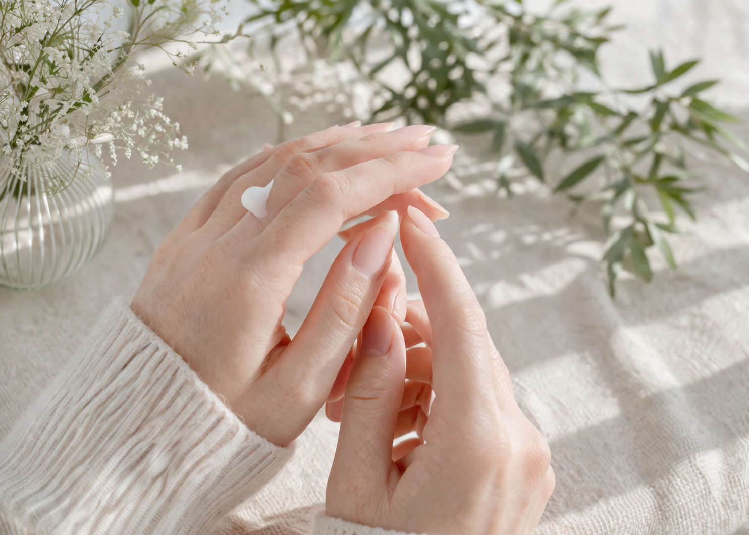 クリームをなじませて手元を整えるハンドケアの様子