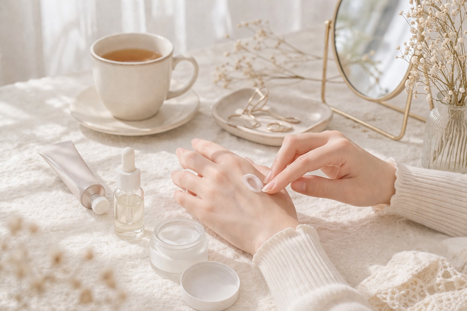 手にクリームをなじませる日常のハンドケアのイメージ