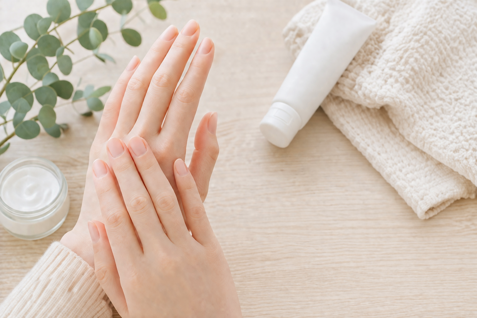 手にクリームをなじませて整えるハンドケアのイメージ