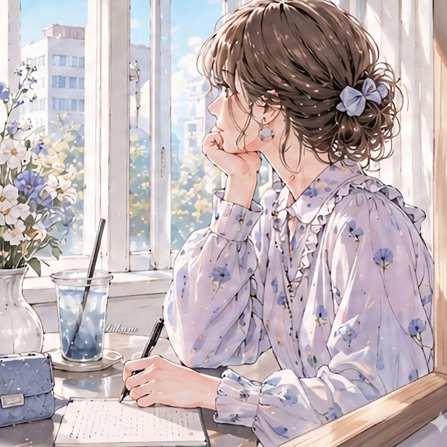 窓際で書き物しながら外を眺める女性