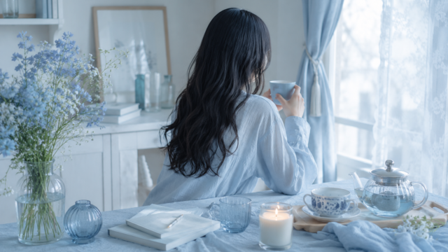 ストレスを減らし、心を整える時間をイメージした部屋。黒髪ロングウェーブの女性が窓辺で過ごす後ろ姿。