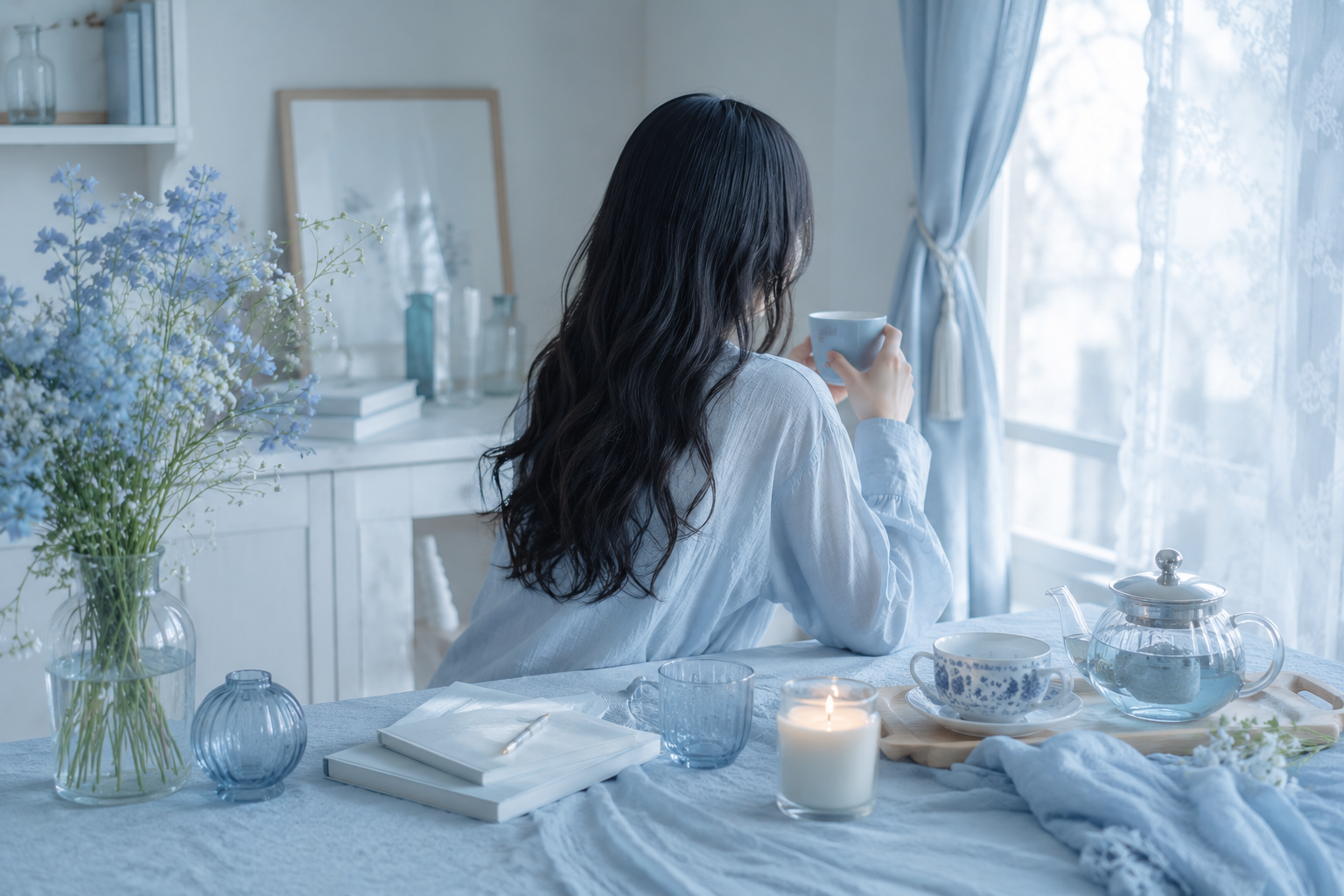 ストレスを減らし、心を整える時間をイメージした部屋。黒髪ロングウェーブの女性が窓辺で過ごす後ろ姿。