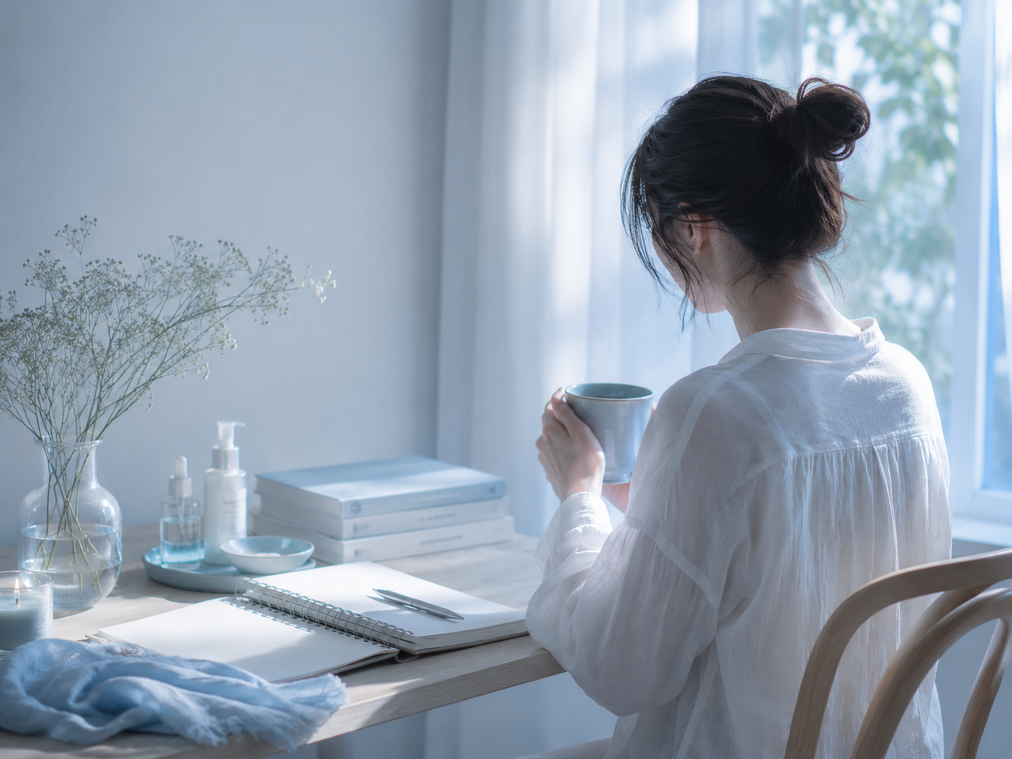 自分を整える時間をイメージした部屋で、ノートと美容アイテムに囲まれて過ごす女性