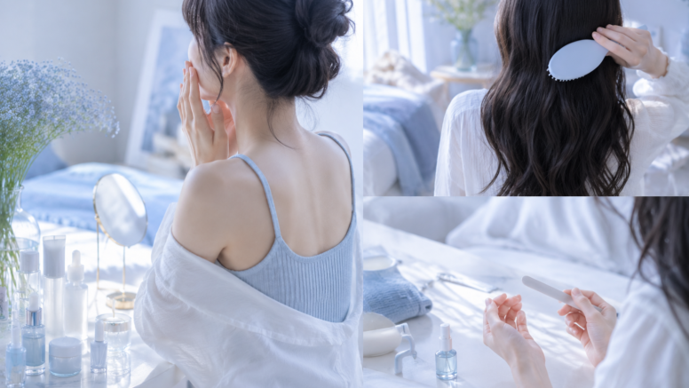 おうち美容でスキンケアやヘアケア、爪の手入れをする女性