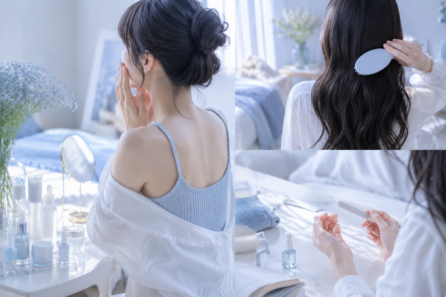 おうち美容でスキンケアやヘアケア、爪の手入れをする女性