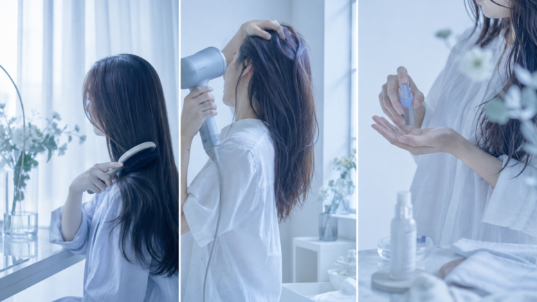 女性がヘアケアをしている様子