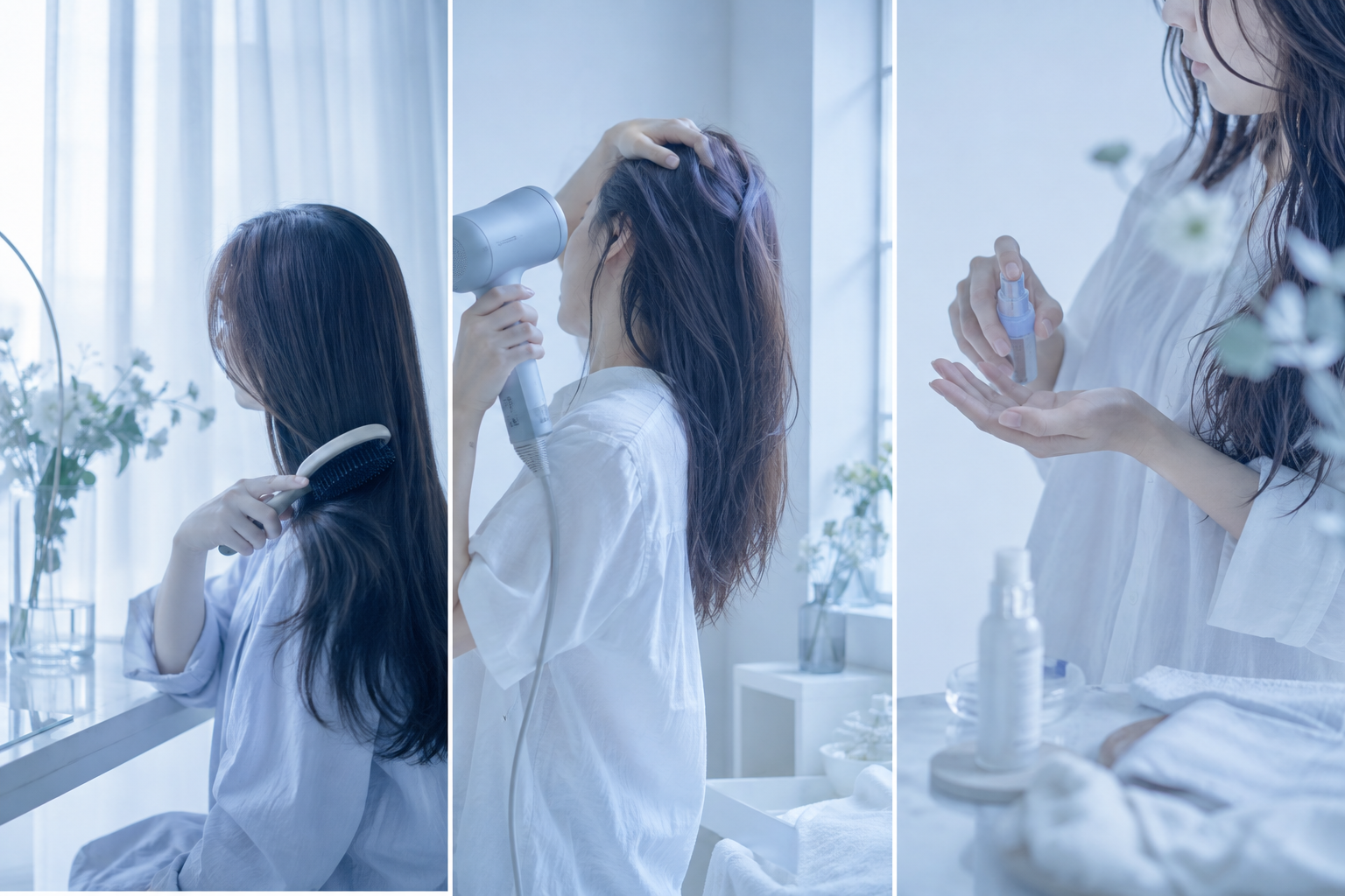 女性がヘアケアをしている様子